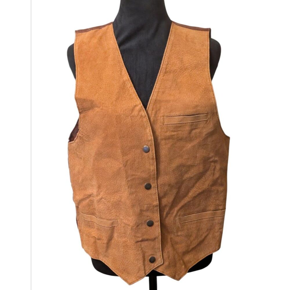 VTG Don't Stop Classics Tan Suede Leather Western Cowboy Vest Large L Cinch Back